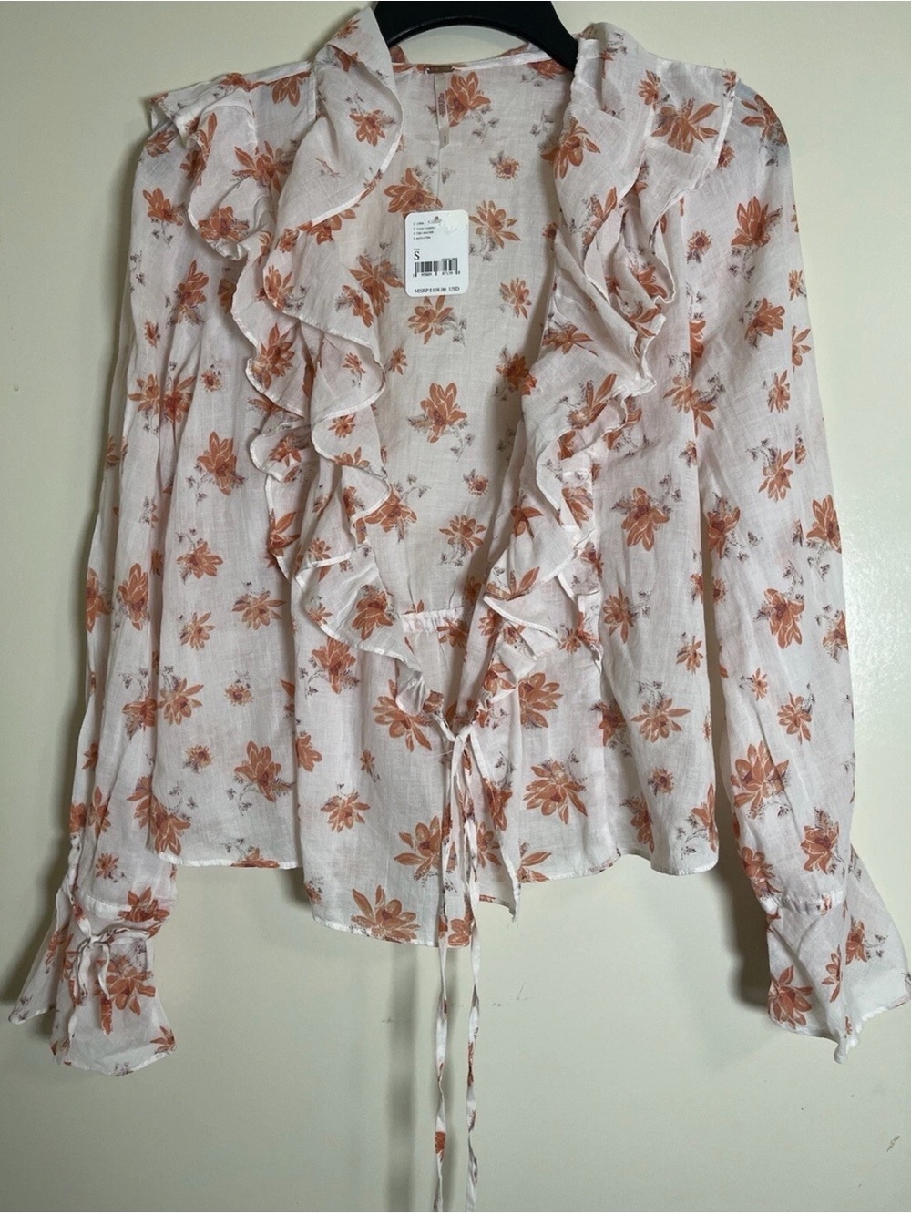 Free People Amanda Ruffle Long Sleeve Tie Wrap Sheer Floral Blouse Top Sz S Boho